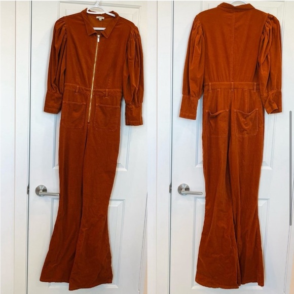 WeWoreWhat 70's Corduroy Jumpsuit Puff Sleeves Flare Legs Retro Y2K Orange, XS - Picture 5 of 7
